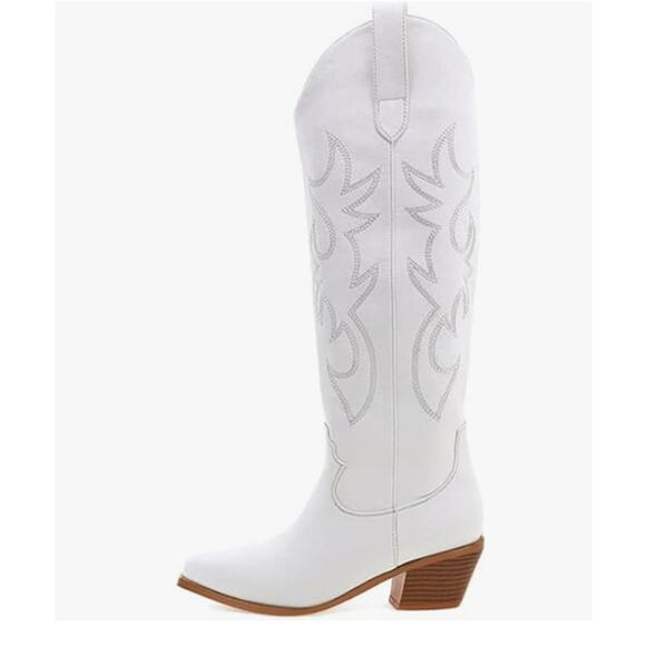 White Cowgirl Boots Embroidered Pull-On Chunky Stacked Heel Knee High SIZE 7 - Picture 3 of 6